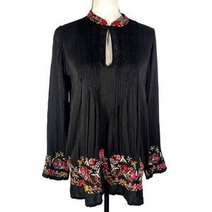 Johnny Was Boho Black Tunic pintucked textured heavy Floral Embroidery women's S